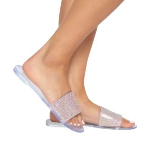Fashion Nova Glam Queen Rhinestone Flat Sandals - Clear